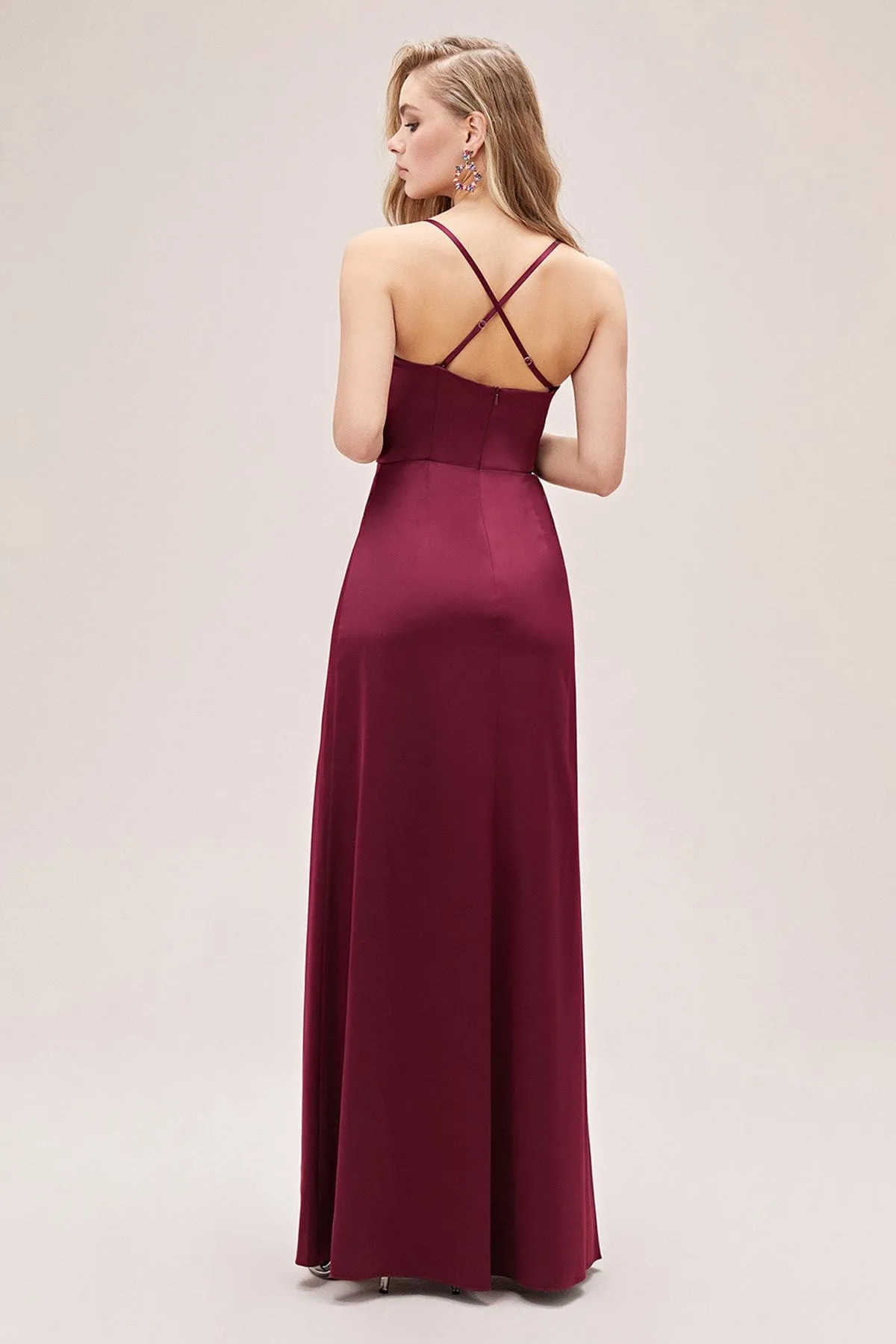 16449 Burgundy Cowl Neck Slit Satin Dress