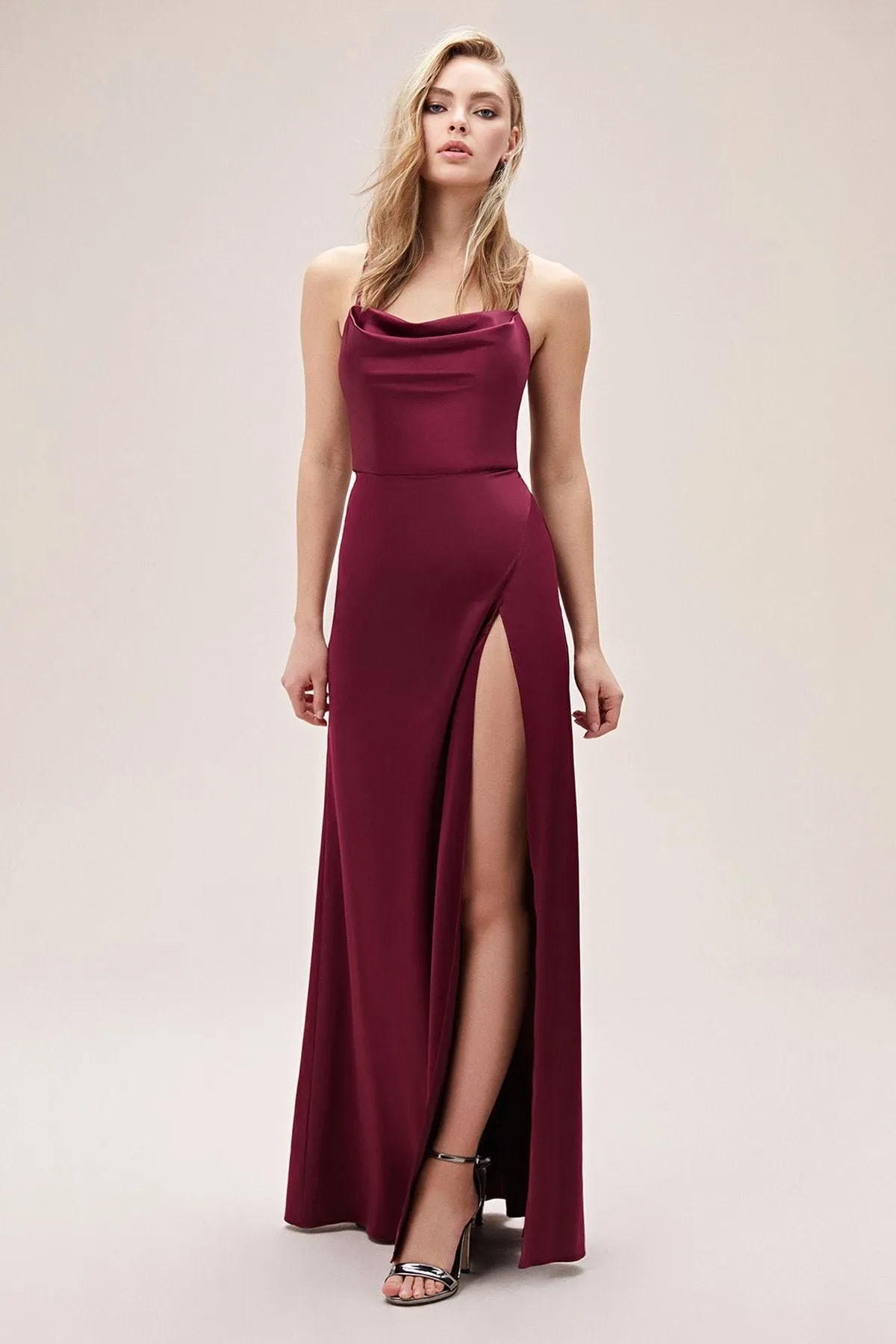 16449 Burgundy Cowl Neck Slit Satin Dress