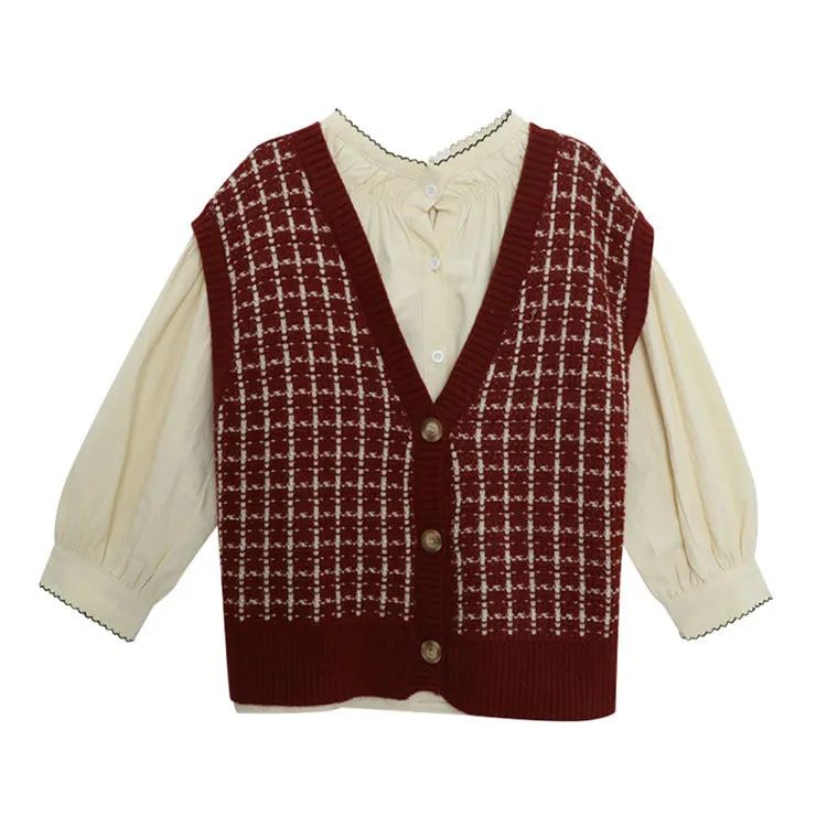 2021 spring autumn new retro vintage sweater vest top blouse loose outfit cardigan combination