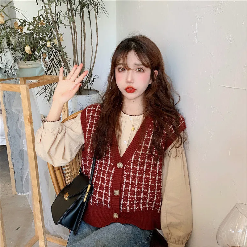 2021 spring autumn new retro vintage sweater vest top blouse loose outfit cardigan combination