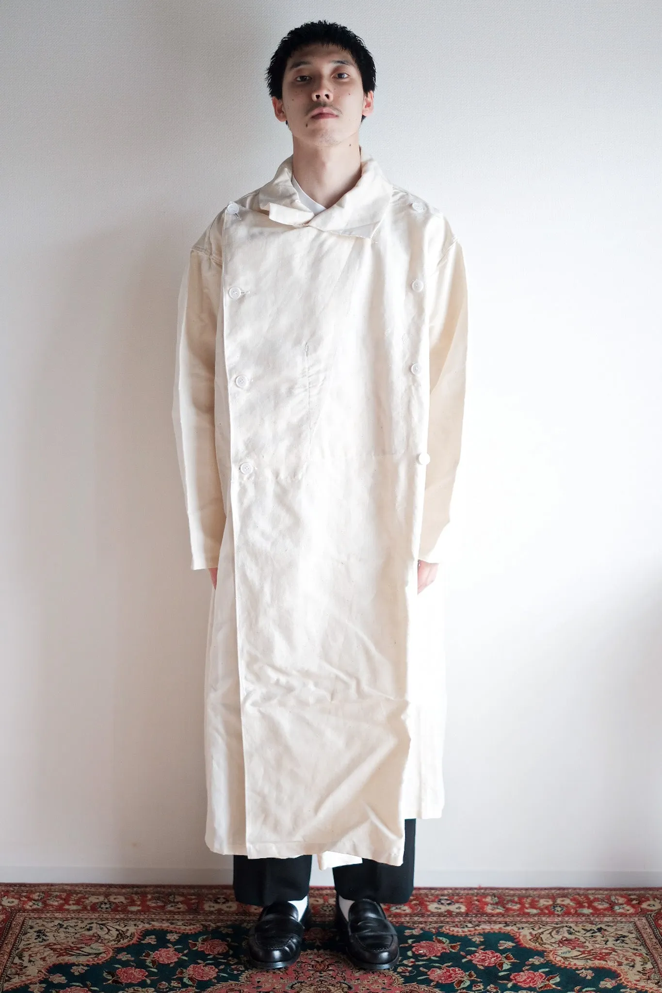 【~50's】French Army Double Breasted Linen Coat Hospital Military "Dead Stock"