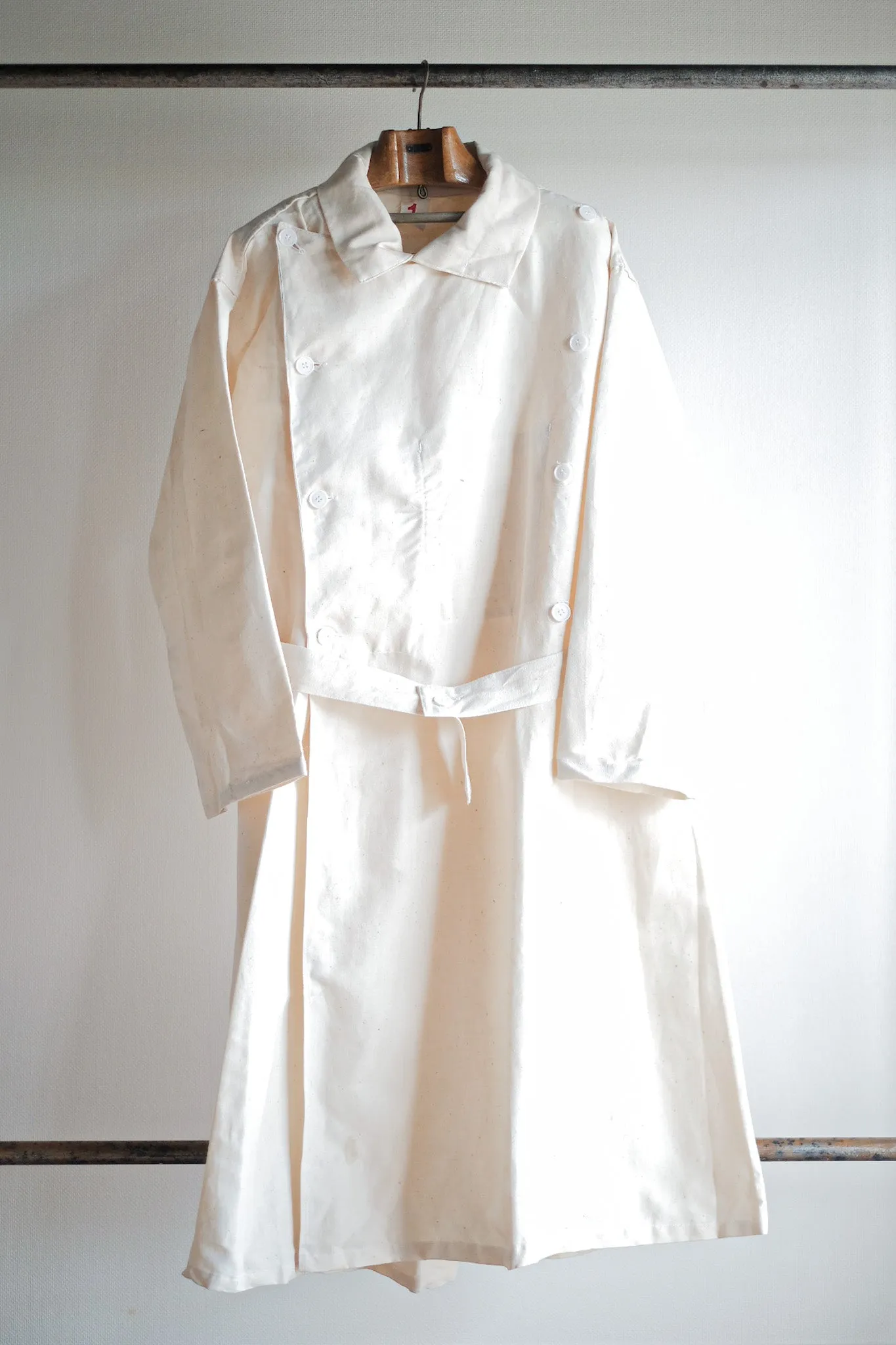 【~50's】French Army Double Breasted Linen Coat Hospital Military "Dead Stock"