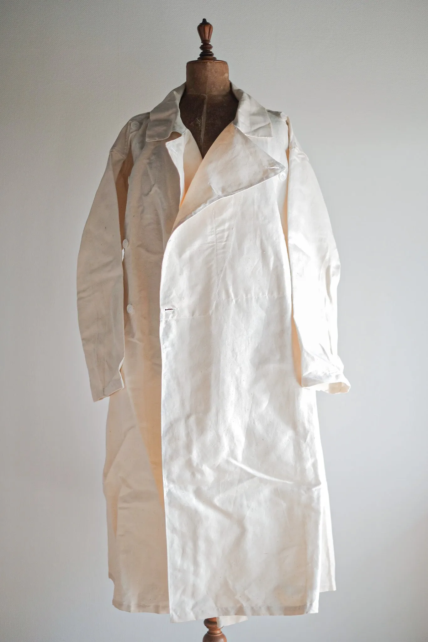 【~50's】French Army Double Breasted Linen Coat Hospital Military "Dead Stock"