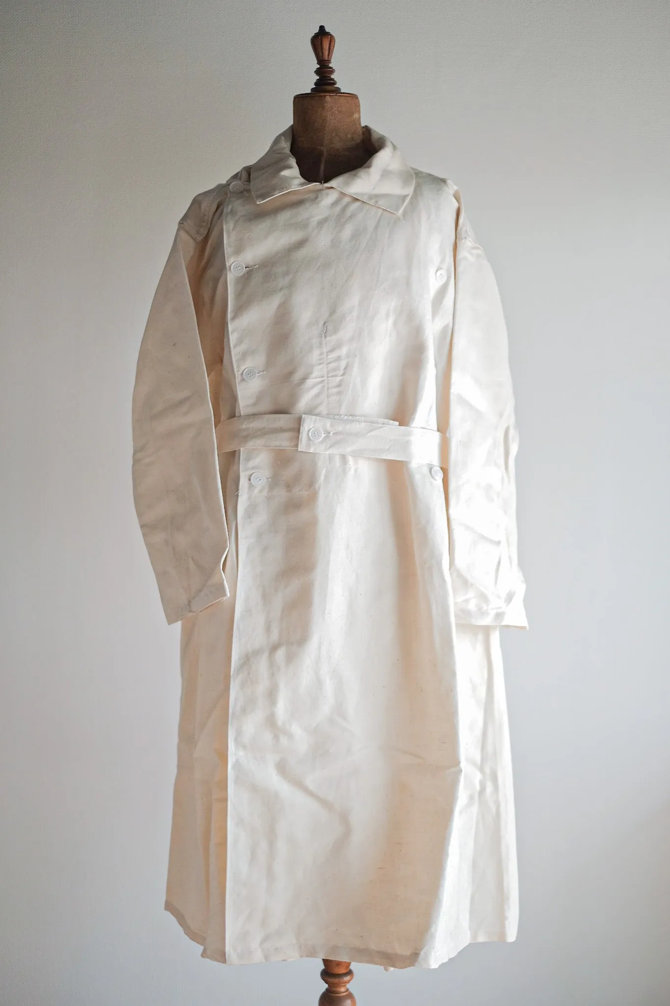 【~50's】French Army Double Breasted Linen Coat Hospital Military "Dead Stock"