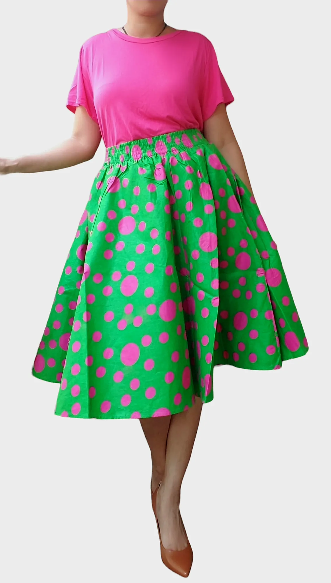 7012- Woman Mid Length Maxi Skirt- Green/Pink Polkadot