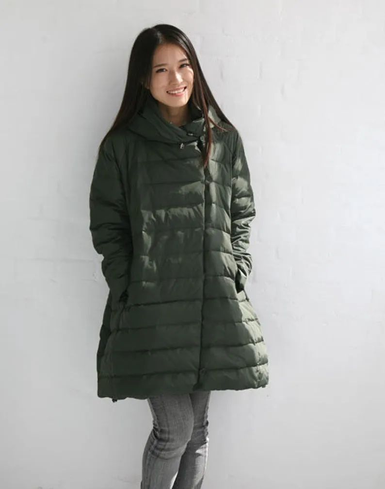 A-line Casual Hooded Winter Puffer Coat Women Down Jacket Any Size 63702