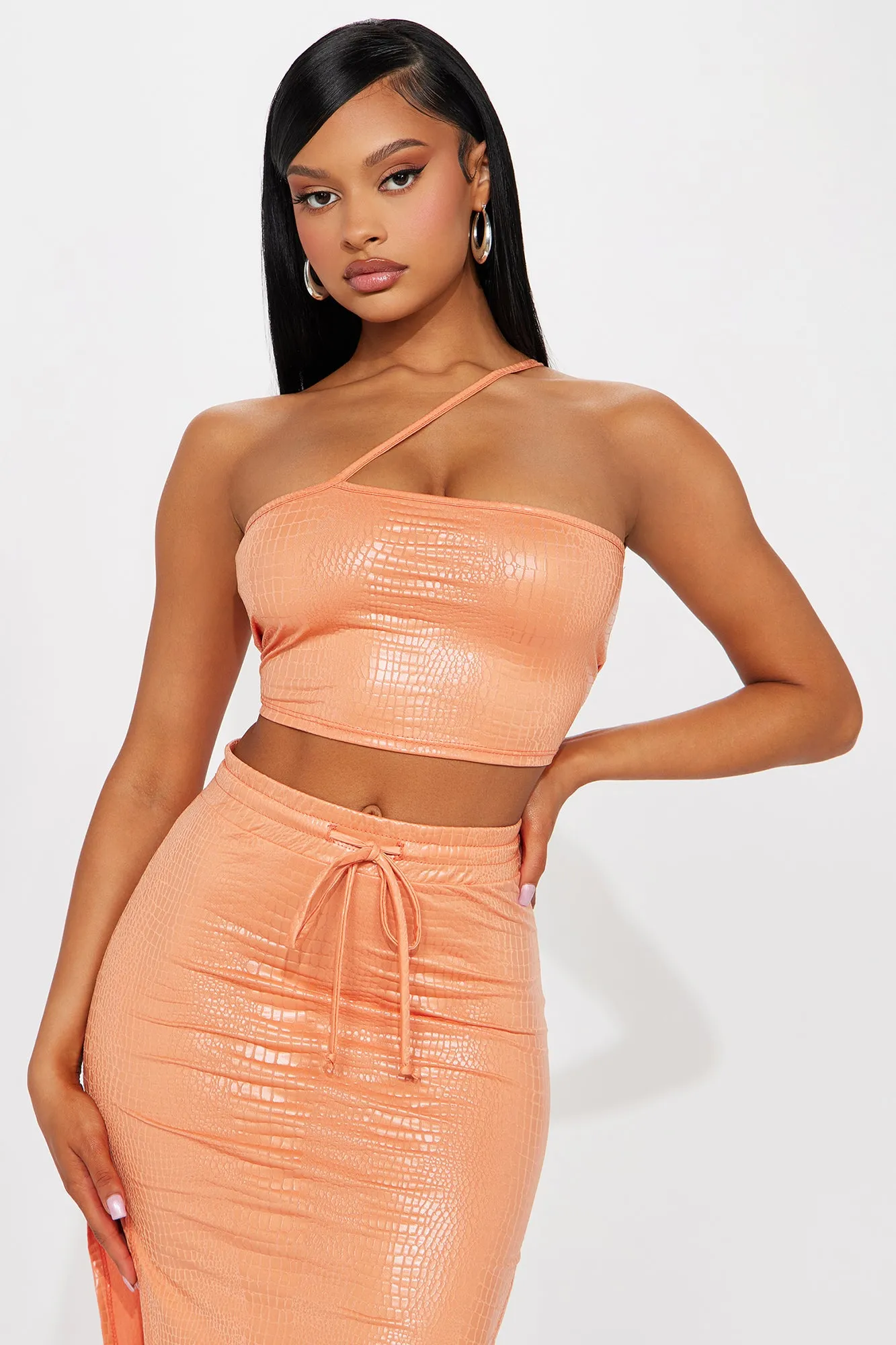 A New Me Faux Leather Skirt Set - Orange