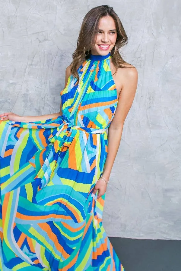 A printed woven halter maxi dress -  BLUE GREEn SALE