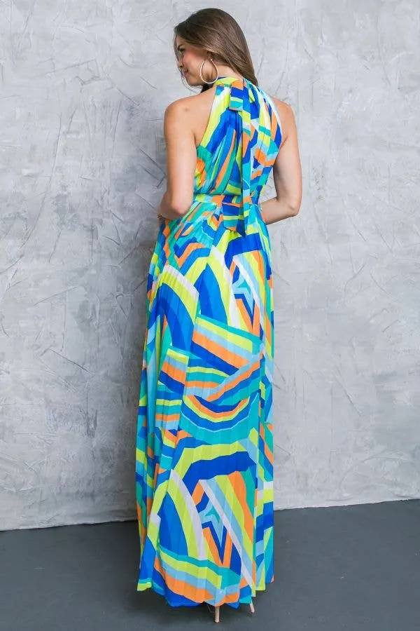 A printed woven halter maxi dress -  BLUE GREEn SALE