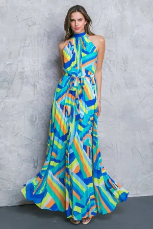 A printed woven halter maxi dress -  BLUE GREEn SALE