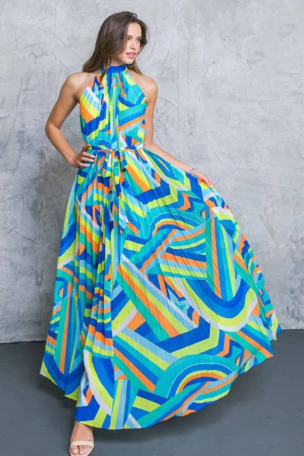 A printed woven halter maxi dress -  BLUE GREEn SALE