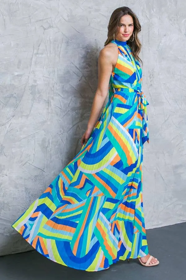 A printed woven halter maxi dress -  BLUE GREEn SALE