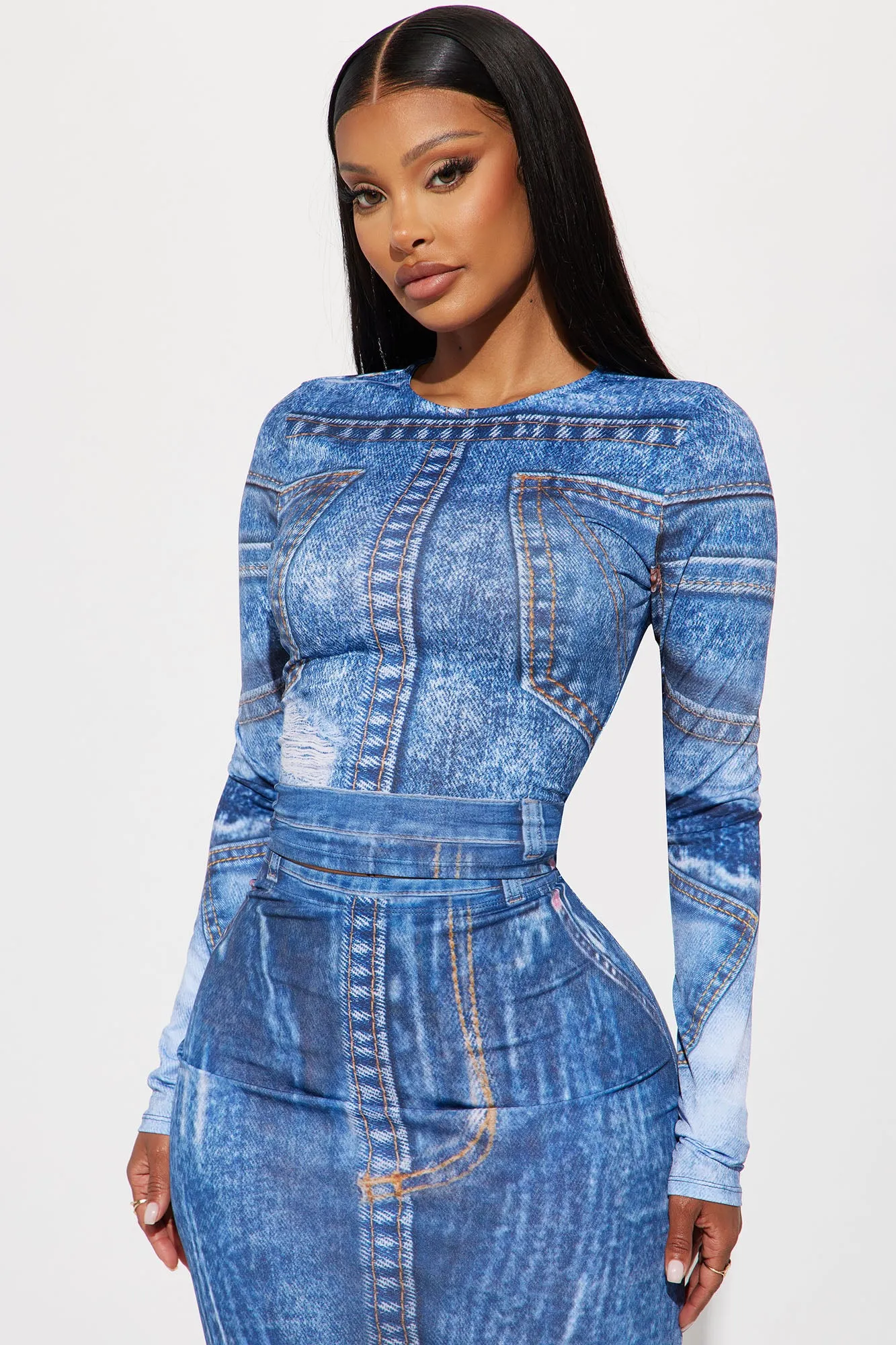 All In Denim Print Skirt Set - Dark Denim