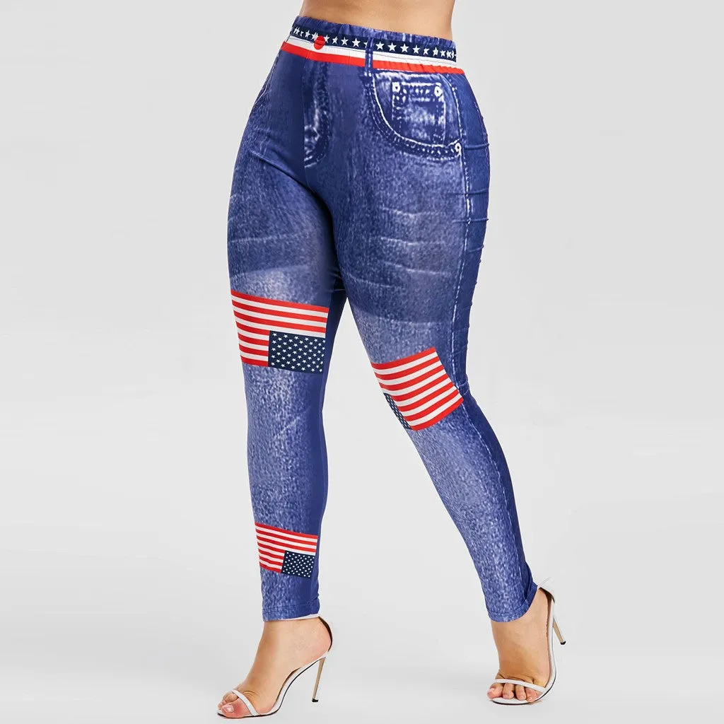 American Flag Print High Waist Elastic Waist 3D Plus Size Skinny Pants