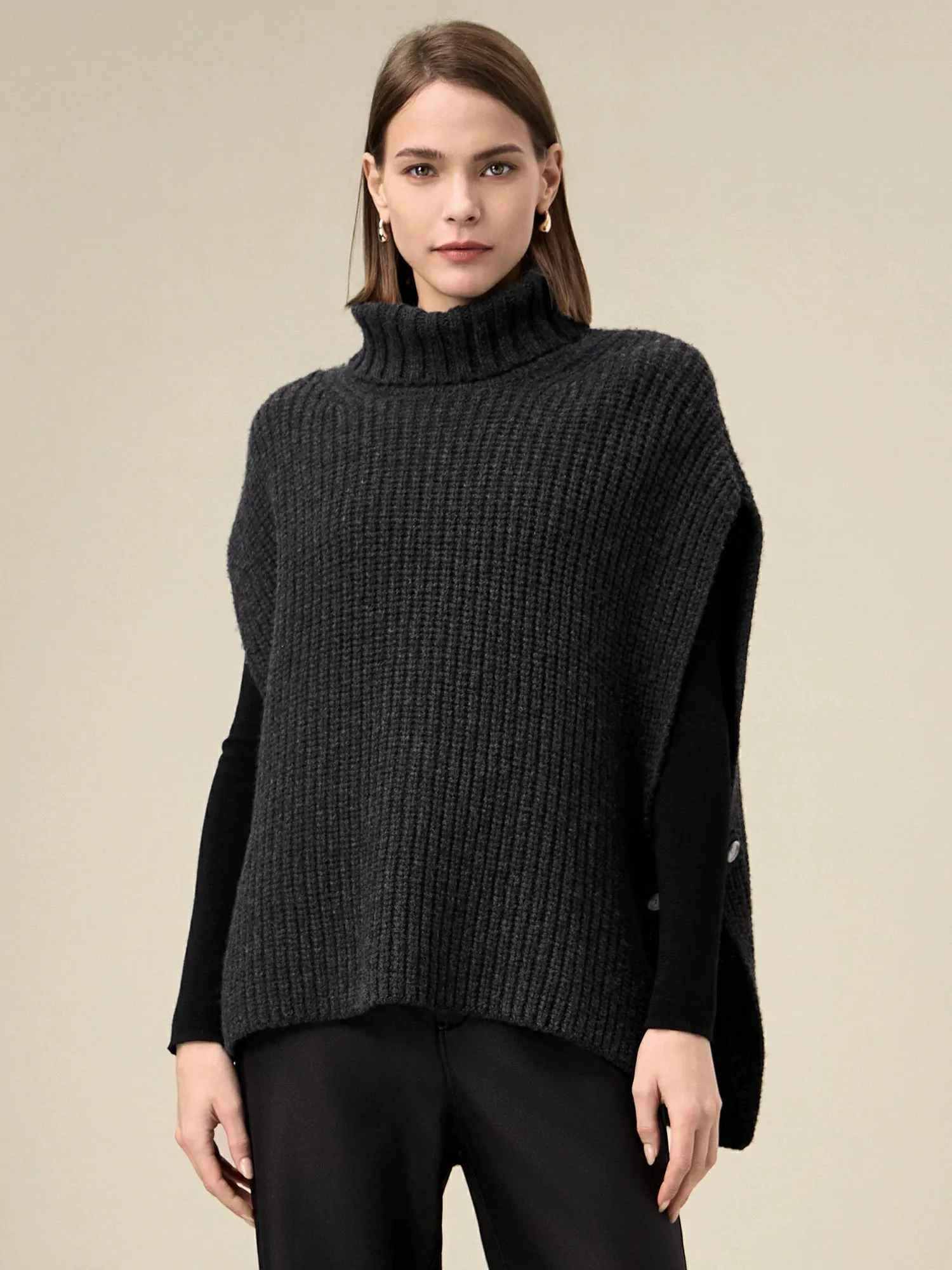 Amoretu 100% Wool Turtleneck Sleeveless Knit Vest