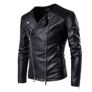 AOWOFS 2019 Spring Leather Jackets Men Collarless Motorcycle Jackets