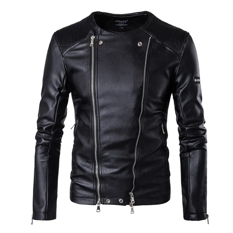 AOWOFS 2019 Spring Leather Jackets Men Collarless Motorcycle Jackets