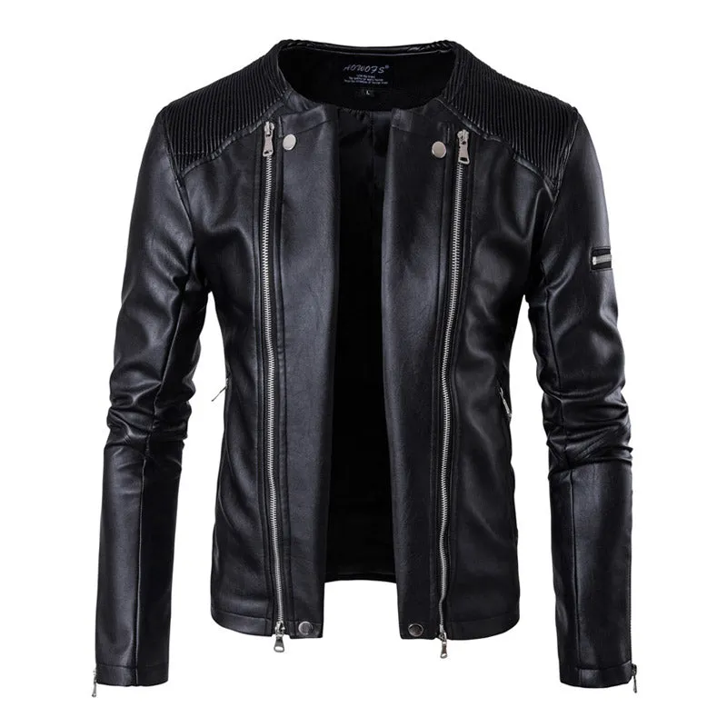 AOWOFS 2019 Spring Leather Jackets Men Collarless Motorcycle Jackets