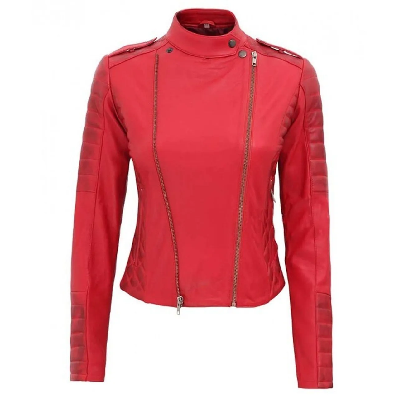 Asymmetrical Women Red Leather Jacket