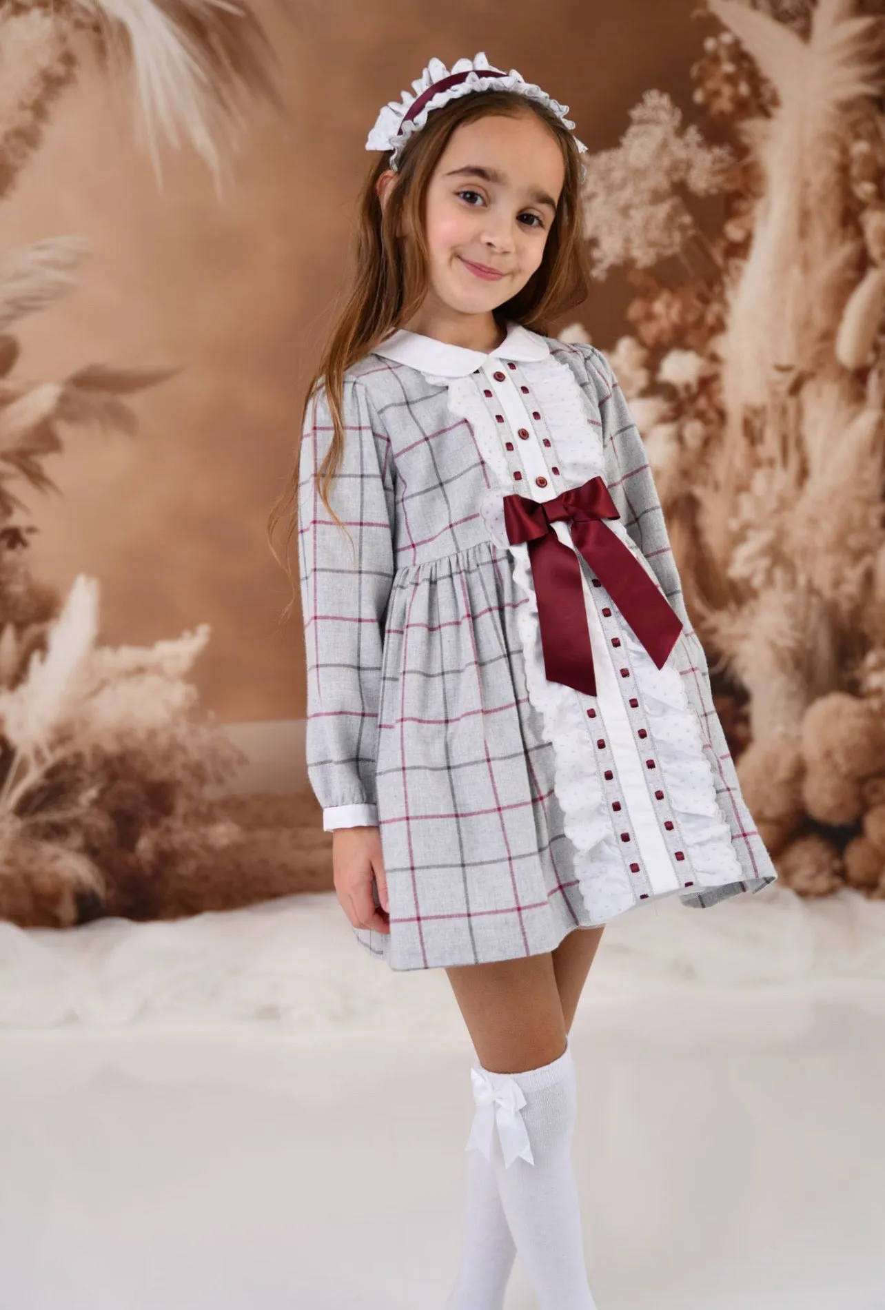 AW24 Rochy Girls Grey & Burgundy Bow Dress