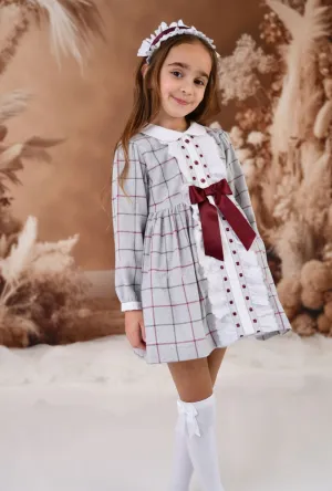 AW24 Rochy Girls Grey & Burgundy Bow Dress