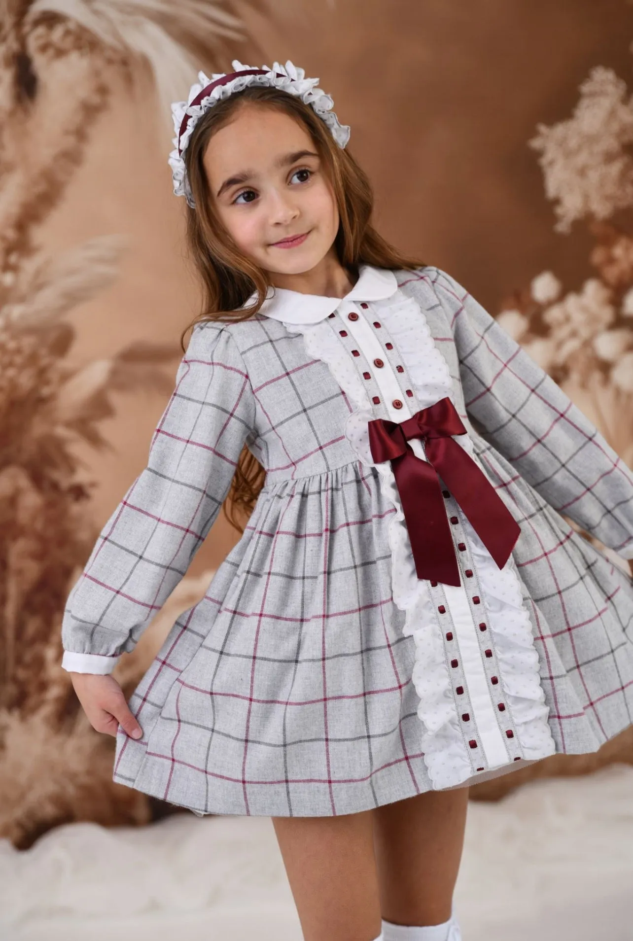 AW24 Rochy Girls Grey & Burgundy Bow Dress