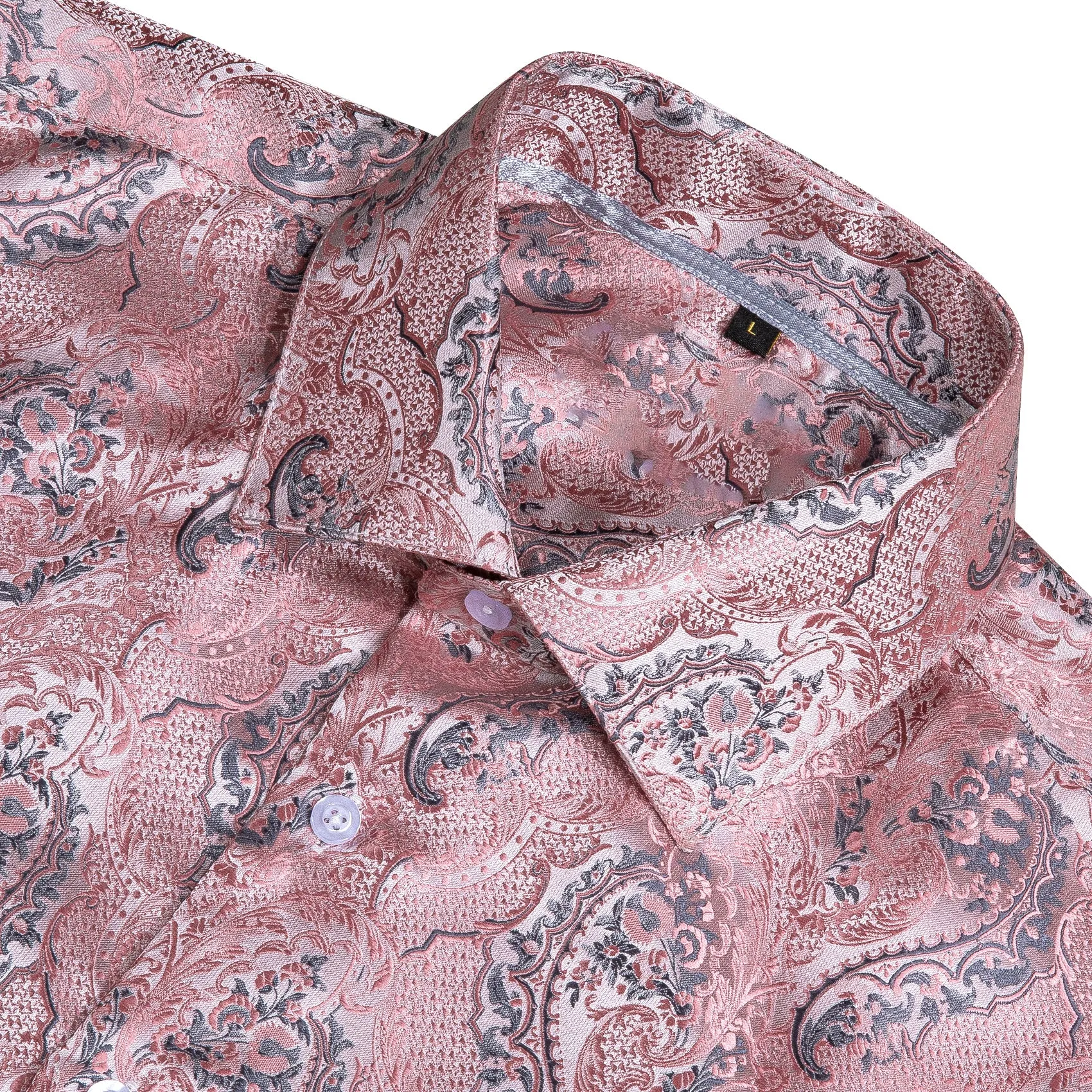 Baby Pink Paisley Style Silk Men's Long Sleeve Shirt