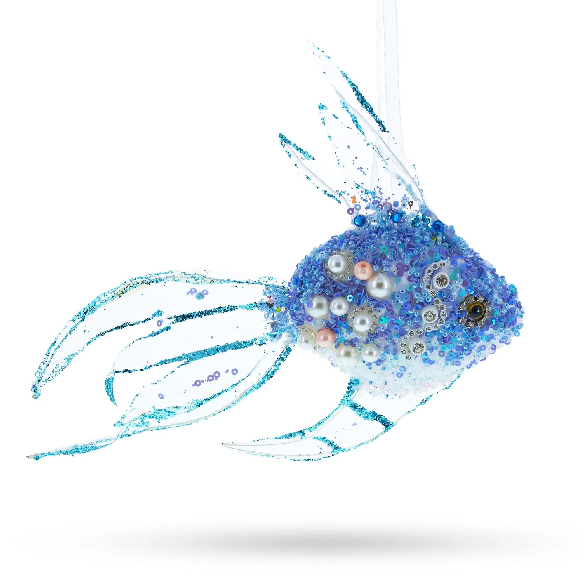 Beaded Blue Coral Reef Fish - Exquisite Blown Glass Christmas Ornament