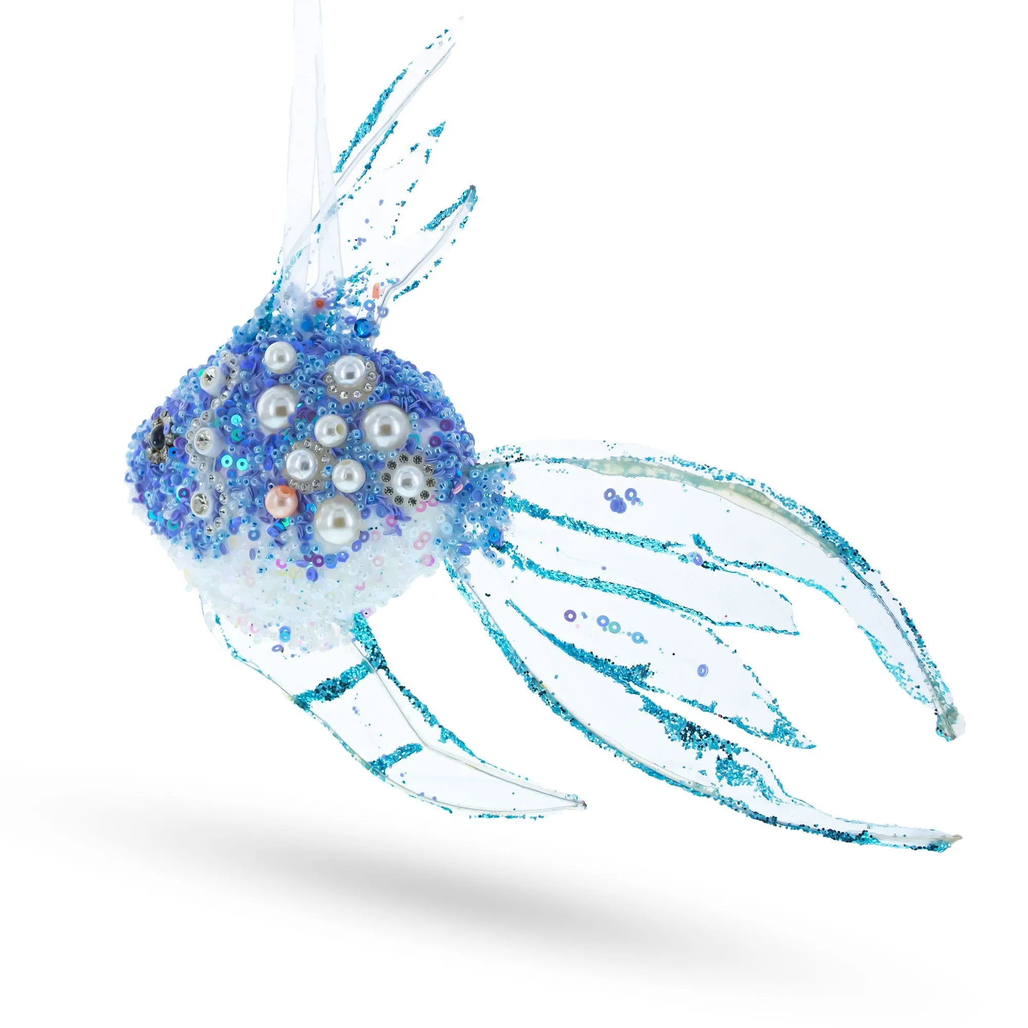 Beaded Blue Coral Reef Fish - Exquisite Blown Glass Christmas Ornament