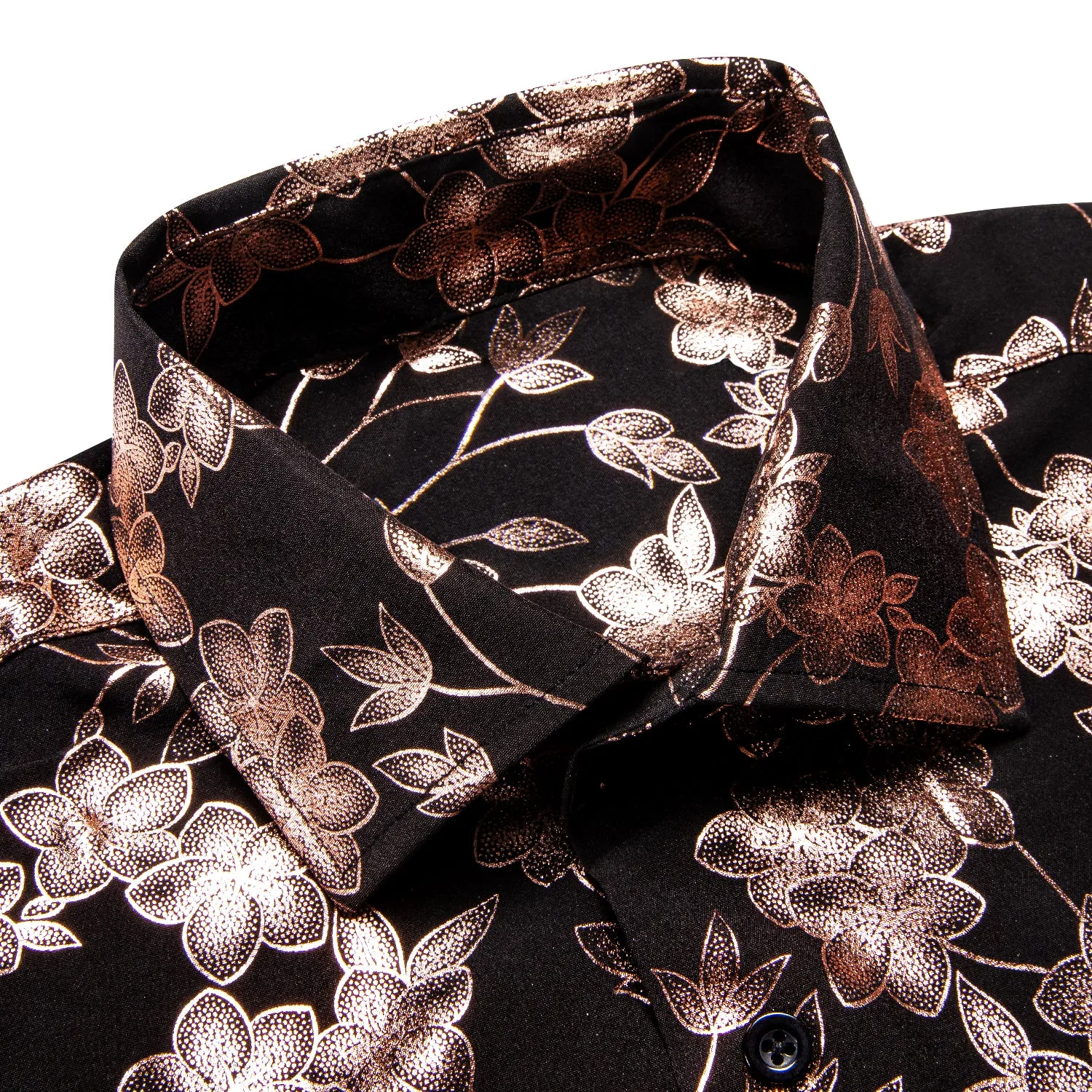 Black Bronze Cherry Blossoms Floral Pattern Silk Men's Long Sleeve Shirt