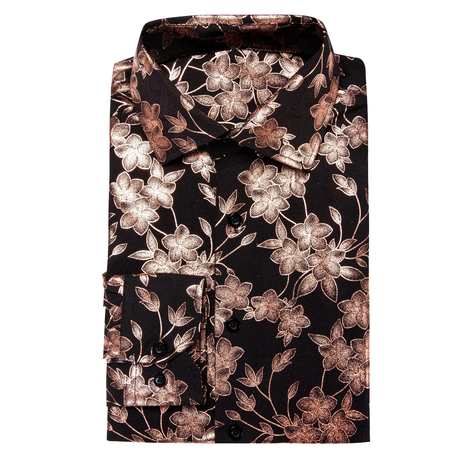 Black Bronze Cherry Blossoms Floral Pattern Silk Men's Long Sleeve Shirt