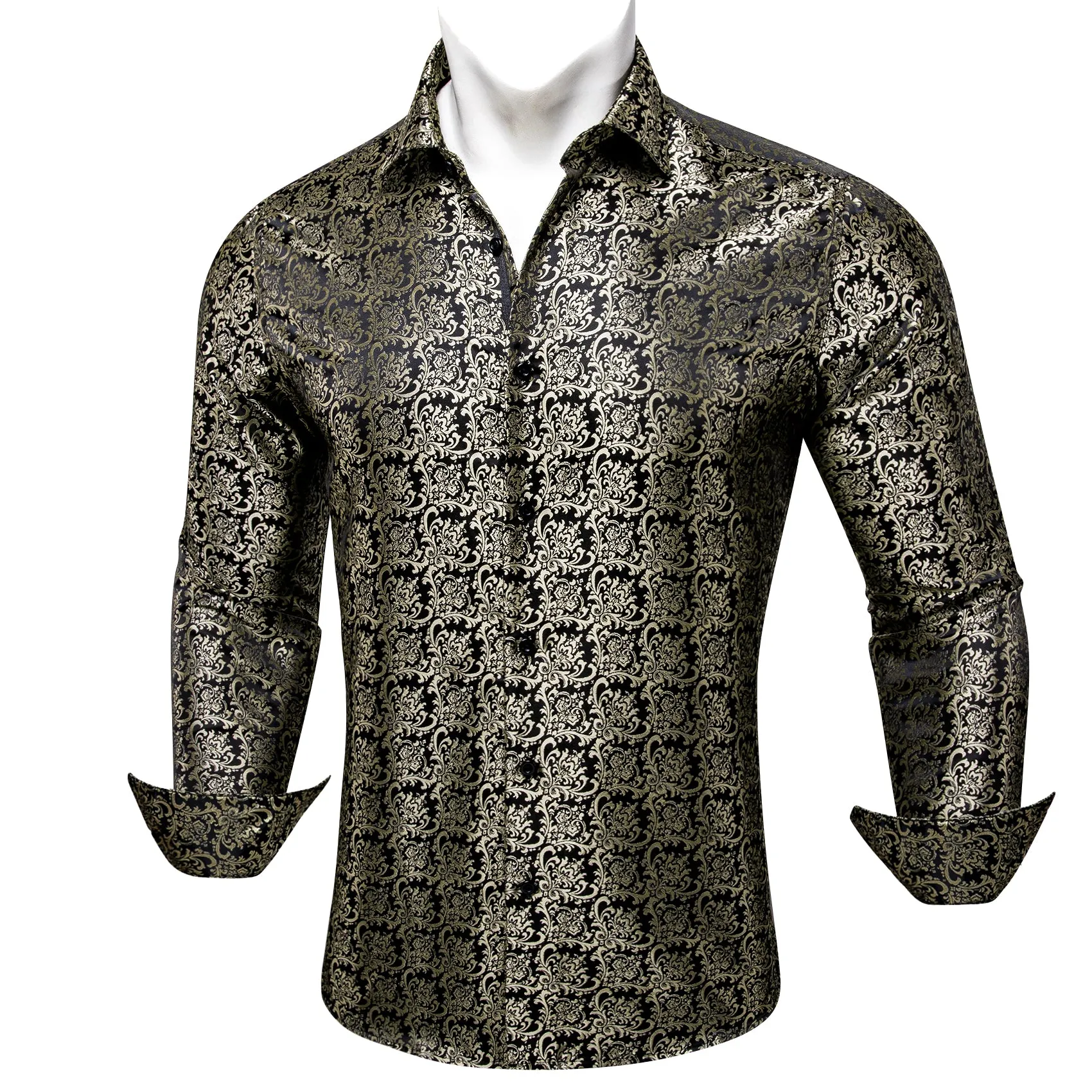 Black Champagne Floral Silk Men's Long Sleeve Shirt