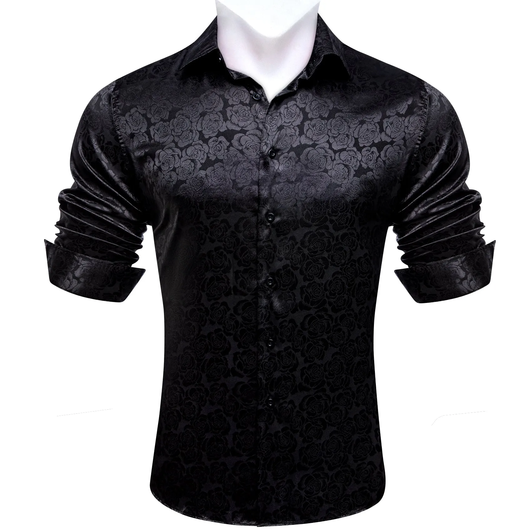 Black Floral Rose Silk Men's Long Sleeve Shirt