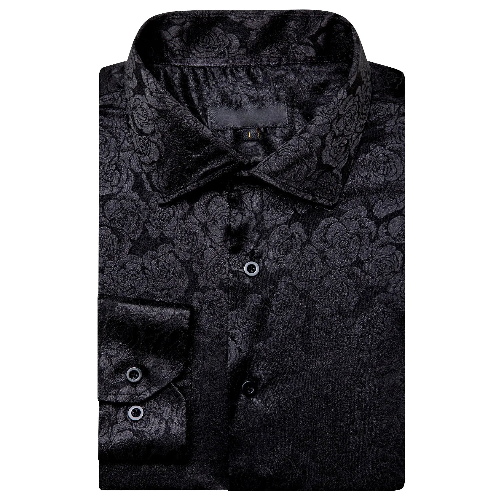 Black Floral Rose Silk Men's Long Sleeve Shirt