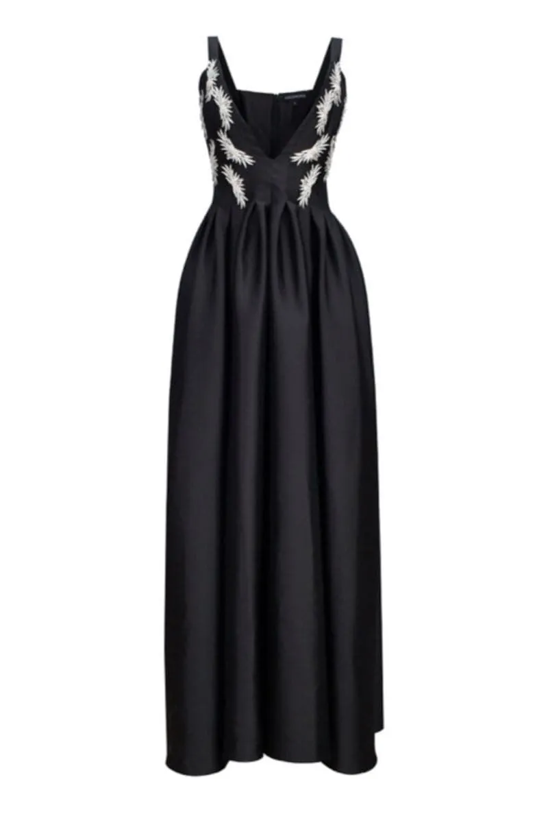 BLACK HAND EMBROIDERED CRYSTAL TAFFETA MAXI DRESS