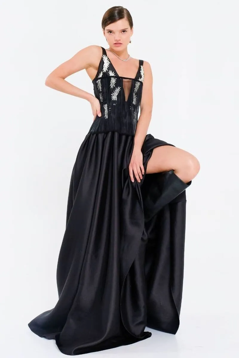 BLACK HAND EMBROIDERED CRYSTAL TAFFETA MAXI DRESS