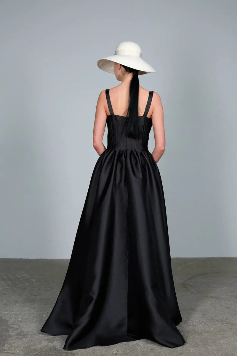 BLACK HAND EMBROIDERED CRYSTAL TAFFETA MAXI DRESS