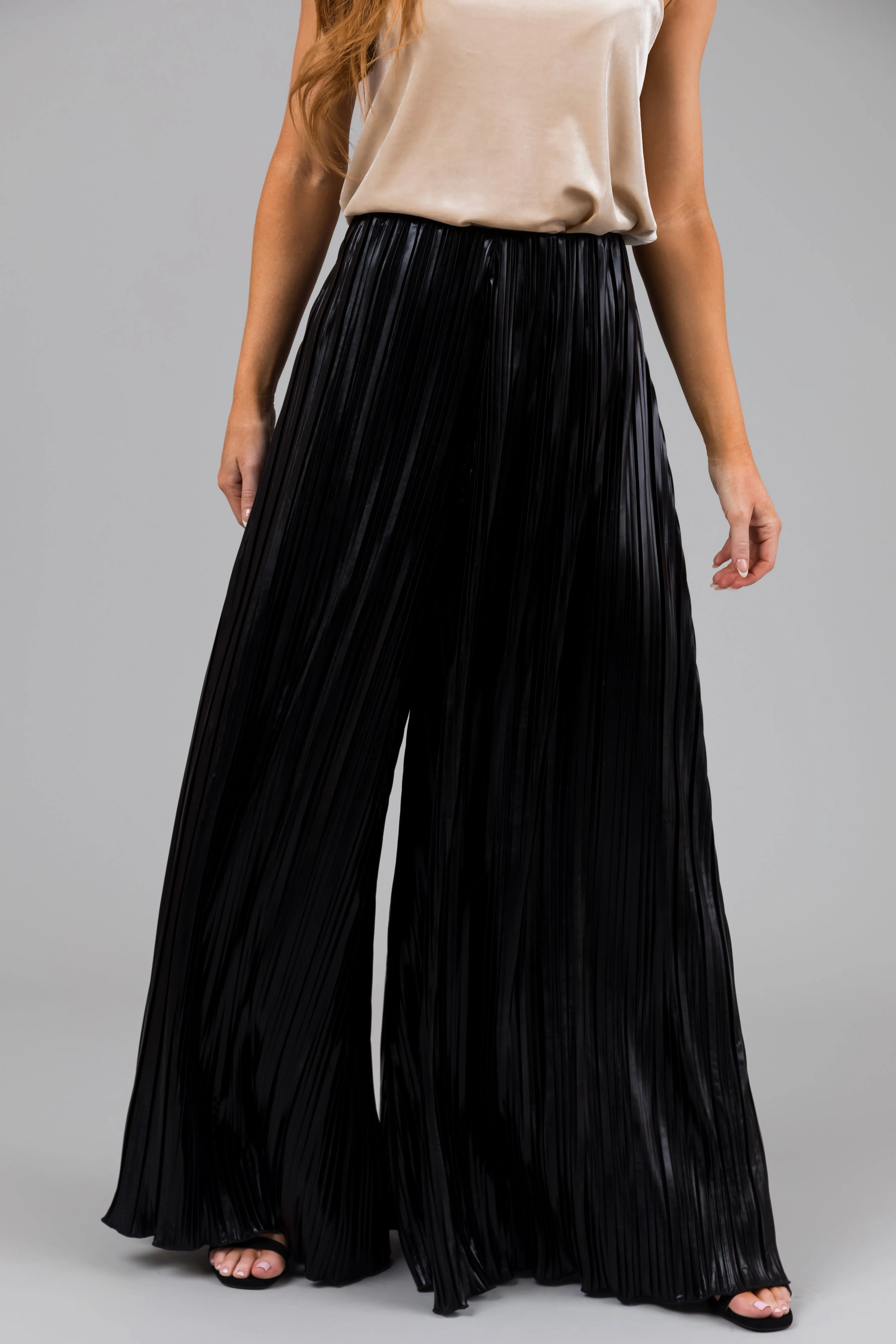 Black Metallic Pleated Flare High Waist Pants