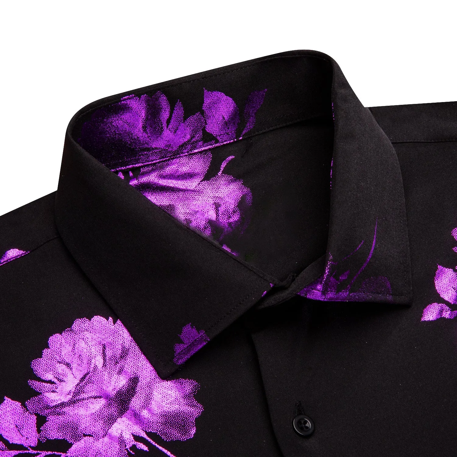 Black Purple Floral Pattern Silk Men's Long Sleeve Shirt