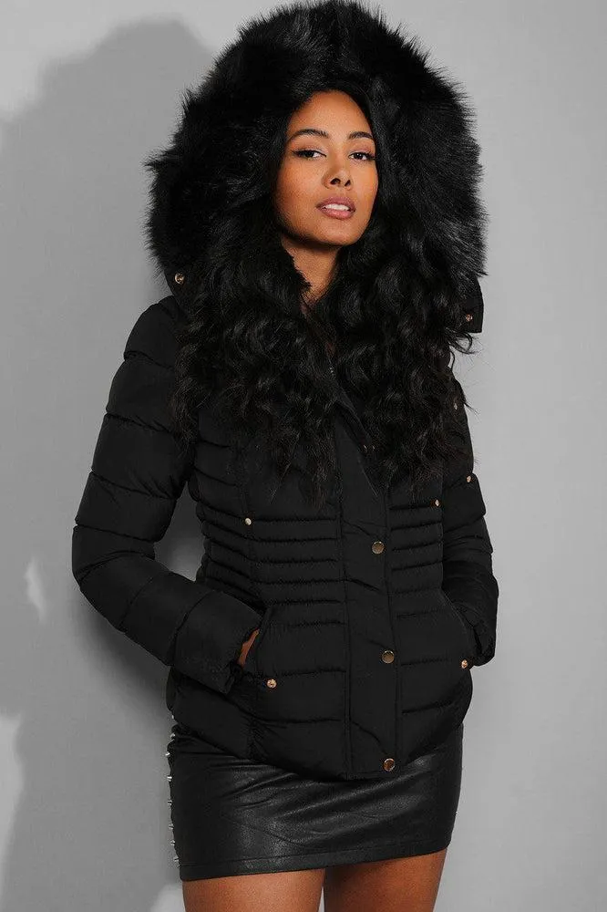 Black Quilted Detachable Faux Fur Hood And Sleeve Pocket Jacket