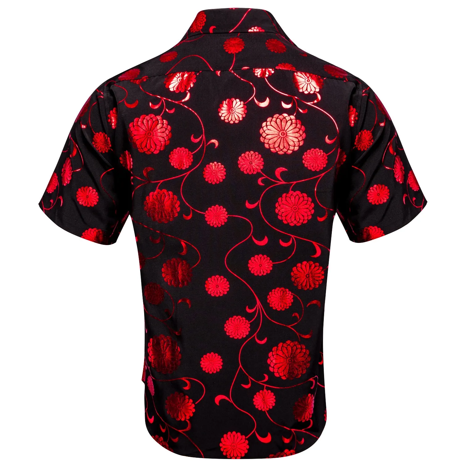 Black Shirt with Red Chrysanthemum Floral Silk Men's Short Sleeve Shirt