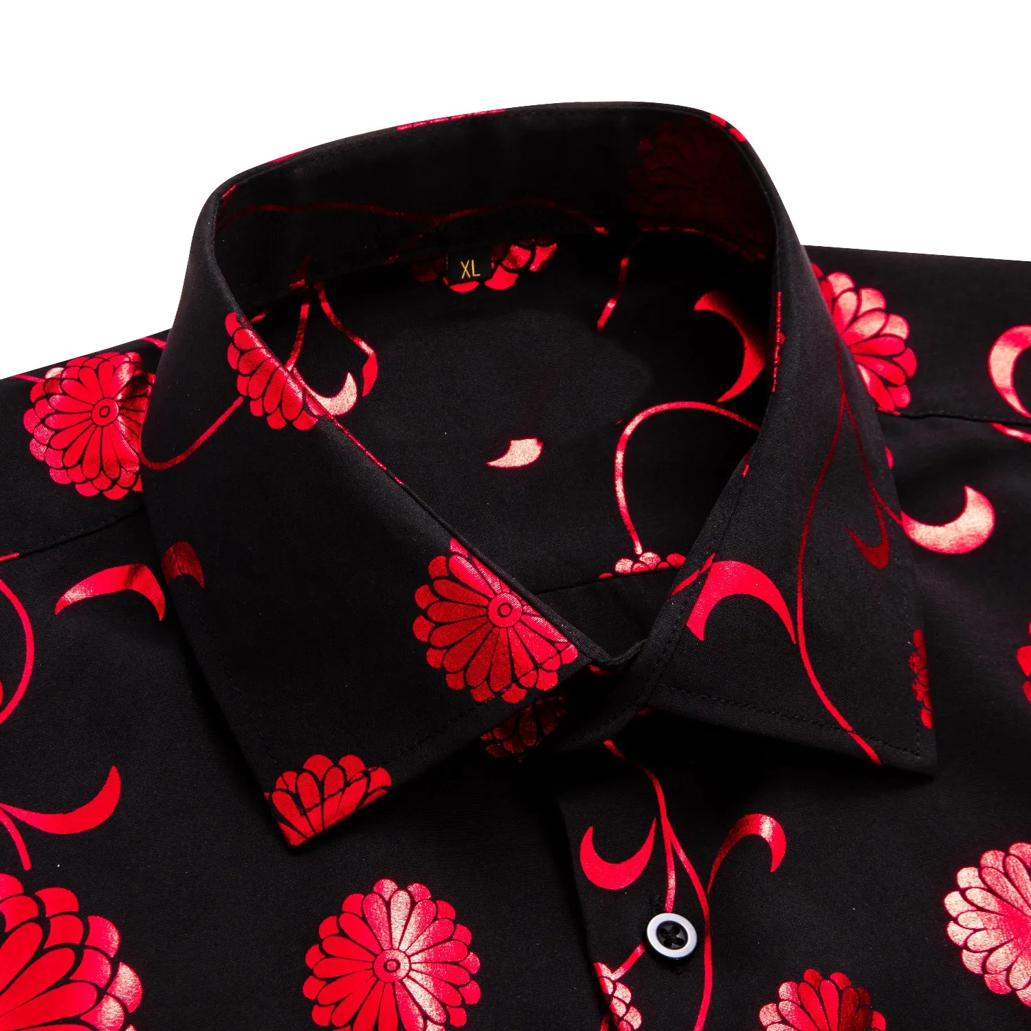 Black Shirt with Red Chrysanthemum Floral Silk Men's Short Sleeve Shirt