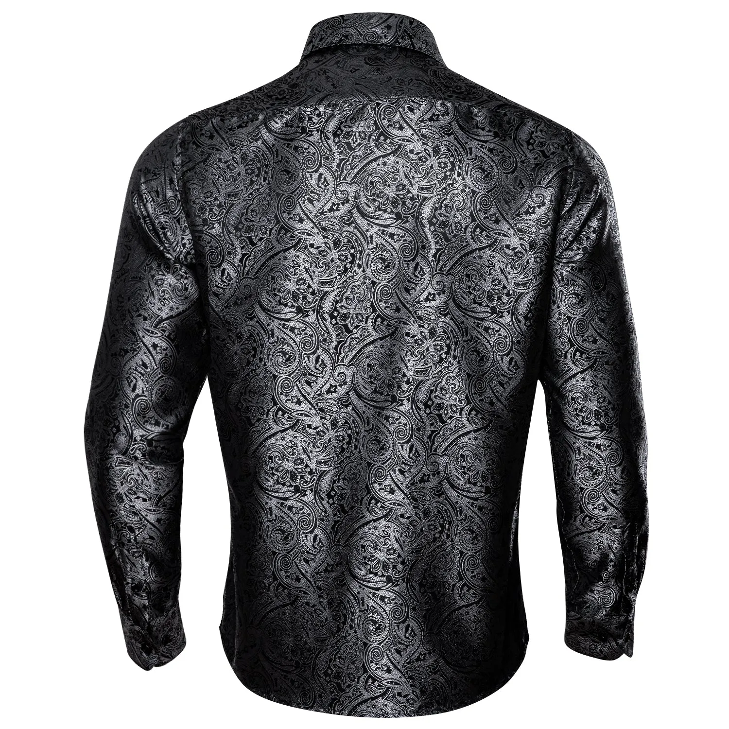 Black Silver Paisley Silk Men's Long Sleeve Shirt