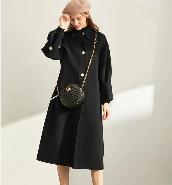 Black Woolen Winter Coat, Long Women Handmade Wool Coat Jacket/0022