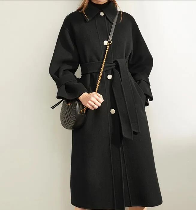 Black Woolen Winter Coat, Long Women Handmade Wool Coat Jacket/0022