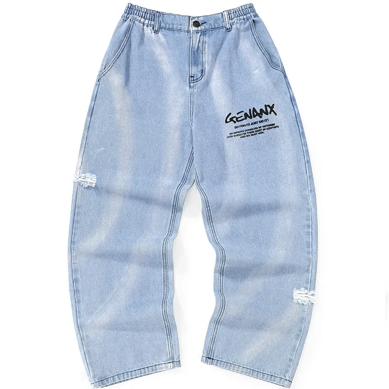 Blue Graffiti Print Ripped Straight Denim Jeans