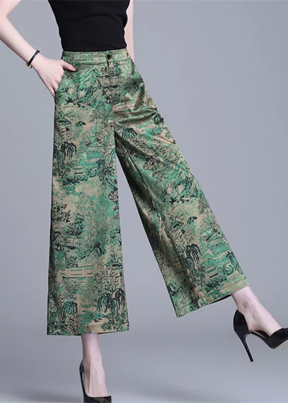 Bohemian Green High Waist Print Silk Wide Leg Pants Summer OO020