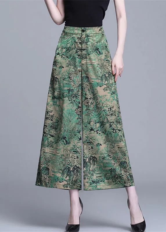 Bohemian Green High Waist Print Silk Wide Leg Pants Summer OO020