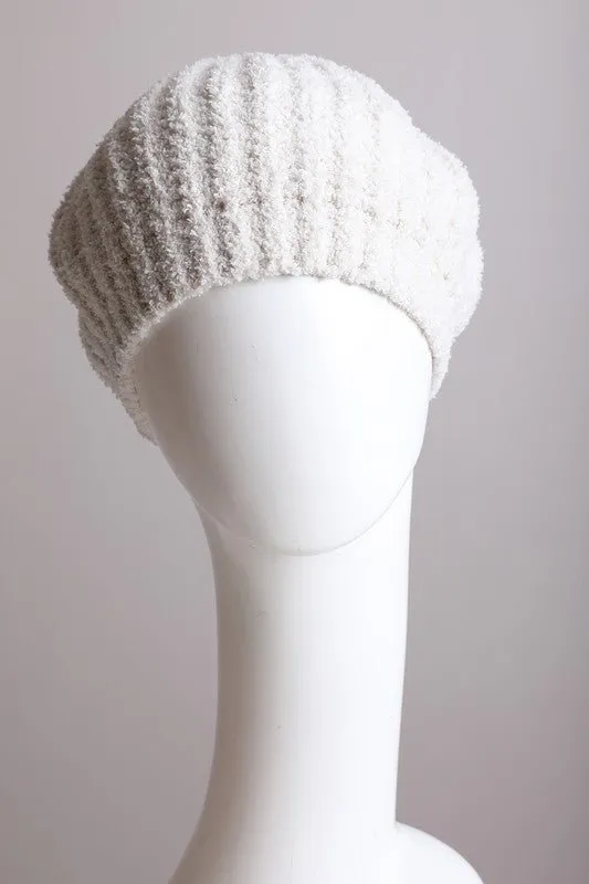 Boucle Rib Knit White Beret