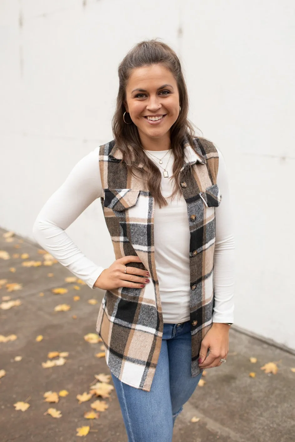 Brown Black Plaid Flannel Vest (SM-2X)